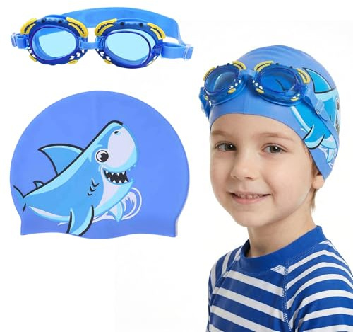 Ensemble de lunettes de natation 2 pièces avec bonnet de bain en silicone, tailles 3 à 14, pour filles et garçons, verres traités antibuée, pont de nez ajustable (bleu)