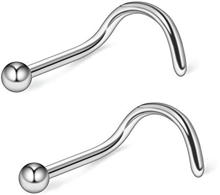 Ruifan 18G(1.0MM) 316L Surgical Steel Curved Nose Stud Ring Twister Screws with 2MM Ball Piercing Jewelry 2PCS - Steel