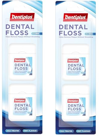 2 x Dental Floss Pack of 2 x 50M Dentiplus Wax Treated Mint Flavour Dental Care