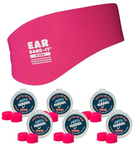 Earvolution Ear Band-It Ultra Swimming Headband & Floating Putty Buddies Silicone Ear Plugs Bundle, Doctor-Invented Waterproof System for Ear Tubes & Swimmer's Ear Prevention - Hot Pink - Large