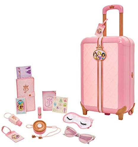 Disney Princess Style Collection Play Suitcase, Officially Licensed by Jakks Pacific, 17 Pretend Play Travel-Inspired Accessories, Includes Sleep Mask & Play Earbuds, Real Rolling Wheels, for 3+