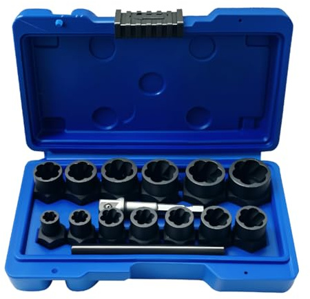 NORTOOLS 15 PCS 3/8” Drive Shallow Impact Socket Set,Metric and SAE Cr-V Steel Lug Nut Extractor Twist Socket Set for Removing Damaged Bolt， Nut Extractor & Screws 1/4 inch-19 mm (3/4 inch)
