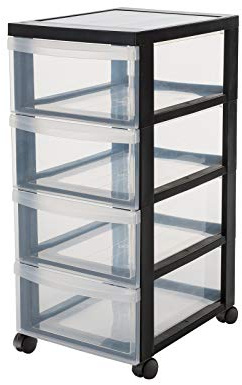 Kreher® Praktischer XL Schubladenwagen mit vier Schubladen aus robustem Kunststoff. Rollbar, in Schwarz/Transparent. Ordnung in Büro, Haushalt und Kinderzimmer!