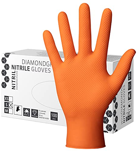 Herrmann Nitril Handschuh DiamantGrip Orange | Gr. S - 100 Stück | Perfekter GRIP Einweg Montage Schutzhandschuhe puderfrei latexfrei | Diamanttextur Nitril-Handschuhe