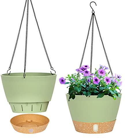 QCQHDU 2 Pack Hanging Planters Set,20cm Indoor Outdoor Hanging Plant Pot Basket,Hanging Flower Pot with Drainage Hole with 3 Hooks for Garden Home (Green)