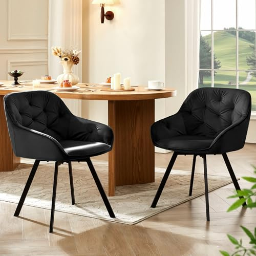 LEMROE Lot 2 Chaises Salle Manger Pivotantes à 360° en Velours Noir Chaises de Salle à Manger Fauteuil Pivotant Chaise de Bureau sans Roulette avec Accoudoirs pour Chambre à Coucher Le Salon Cuisine