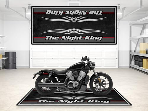 wibeart MPM Motorradmatte mit dem Schriftzug „The Night King“. Waschbar, rutschfest, öl- und wasserabweisend. Parkmatte für Garage, Ausst | Lebendiges Schwarz - Größe 2 : 102 x 47/260 x 120 cm
