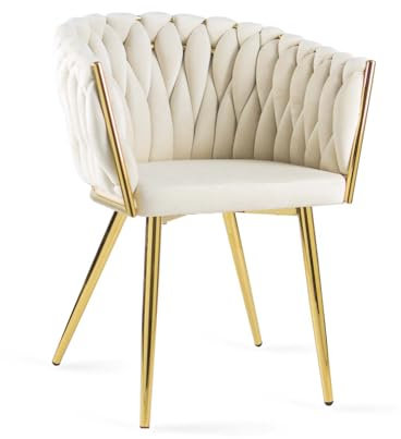 BETTSO - Larissa - Polsterstuhl - mit geflochtener/gewebter Rückenlehne - Velours/Samt - Goldene Metallbeine - Bürostuhl - Schminktisch - Esszimmer - Samt Beige
