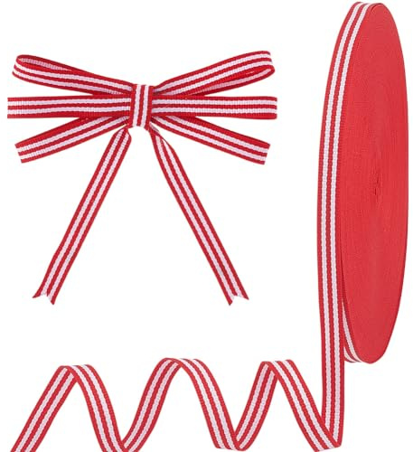 PH PandaHall 45.7m Noël Ruban Rayé Rubans Gros-Grain Rouge Blanc, Ruban de Canne à Sucre en Tissu Polyester 1cm pour Emballage de Cadeaux Artisanat D'Arbre de Noël Couture Décor Mariage Fête