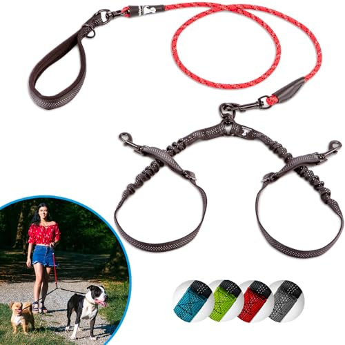 SparklyPets Double Laisse pour 2 Petits Chiens – Corde élastique Anti-nœuds pour Deux Petits Chiens avec coupleurs réglables et poignée Souple