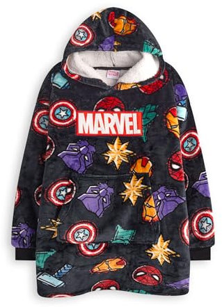 Marvel Sudadera con Capucha para niños | Jersey Polar con Capucha para niños en Gris Oscuro con Estampado Integral de íconos de superhéroes | Ropa de Estar por casa con Forro Sherpa y Bolsillos