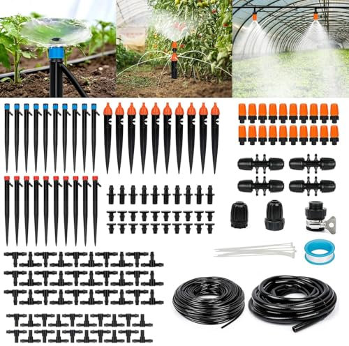 OAHAO Bewässerungssystem Garten Kit, Automatisches Gartenbewässerungs und Zerstäubungssystem 60M+12M Bewässerungsrohr,1/2 Hauptschlauch, 1/4 Verteilschlauch, Tropfdüsen und 2-in-1 Sprühdüse