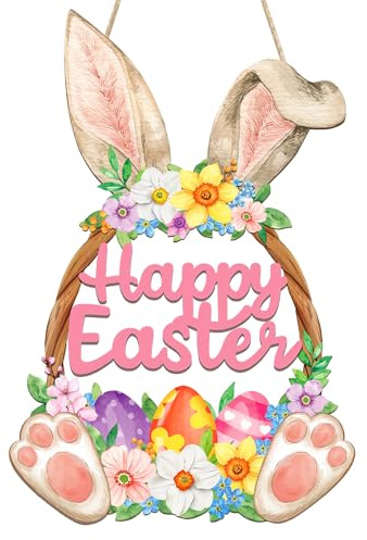 Wooden Easter Decoration Door Wreath for Front Door Sign Wall Signs Rabbit Spring Decoration, Hollow Bunny Sign Flower Egg Welcome Hanging for Home Wall Decor Party Outdoor indoor Supply Happy Easter