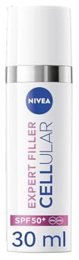 NIVEA Cellular Expert Filler - Sérum Fluido UV Diario - Protección Solar SPF 50+ - Con Ácido Hialurónico y Licocalcón A - Protege e Hidrata - Antiedad - Base de Maquillaje - Todo Tipo de Piel - 30 ml