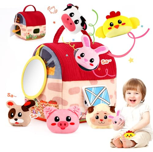 Juguetes de Peluche Suave para Bebés 6-12-18-24 Meses–Granero Sensorial de Granja con Animales Vaca, Oveja & Gallina, Sonajeros & Espejo – Juego Montessori para Desarrollo de Motricidad Fina 1-2 Años