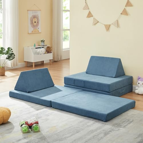 [en.casa] Sofá Modular Infantil Norhulta Sofá de Juego para Niños de 5 Piezas Colchón Plegable 150 x 66 x 46 cm Tapizado de Pana - Azul