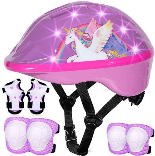 Toddler Helmet, Kids Helmet with LED Lights, Bike Helmets with Toddler Knee Pads and Elbow Pads Set for Kids 3-5-8 Girls Bicycle Scooter Skateboard Helmets