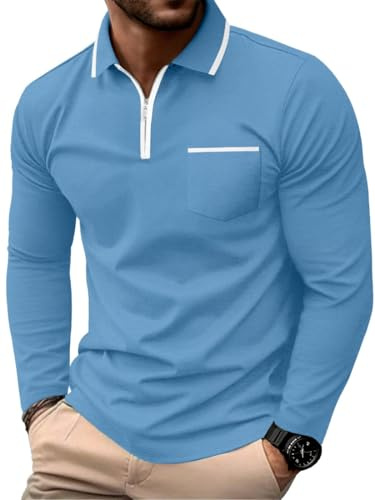 PrinStory Polo da uomo a maniche lunghe, con cerniera a un quarto, polo da golf e tennis, casual, in cotone, con tasche, Blu, L