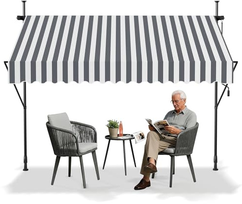VA-Cerulean Klemmmarkise, Markise Sonnenschutz Balkon Ohne Bohren, Balkonmarkise Höhenverstellbar UV-beständig, Wasserabweisend mit Handkurbel (200cm Breit, Grau Weiße Streifen)