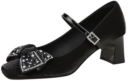 Scarpe Donna con Tacco Largo Alto con Tacco 5 cm Raso Pumps Rhinestone Fiocco Punta Quadrata per Matrimoni, Galà, Appuntamenti -Numeric_38