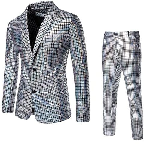 Herr 70-tal Disco outfit regnbåge smal passform kostym paljettjacka blazer och byxor set glänsande kostym