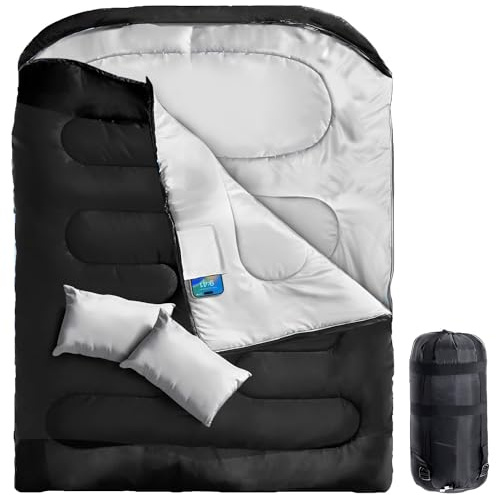 Double Sleeping Bag for 2 Adults, King Size 4 Season Camping Sleeping Bag with 2 Pillows & Carry Bag, Warm and Spacious for Camping, Backpacking, Hiking and Travel – Blue