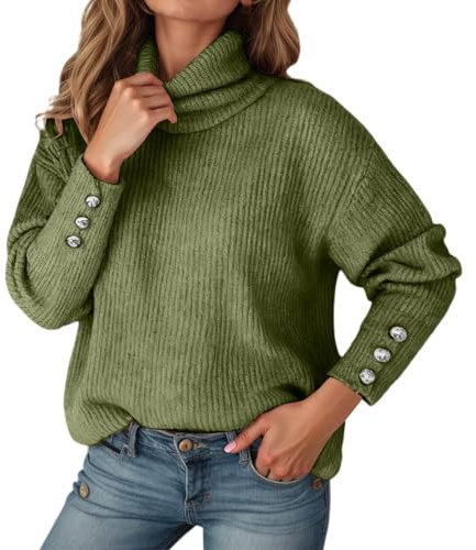 Suéter de manga larga con cuello tipo bufanda de color liso, detalle de botón, suéter de punto para otoño e invierno, blusa casual cálida, Ejercito Verde, 5XL