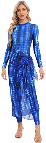 Odizli Burkini Mujer Musulmana Tie Dye Estampado Manga Larga Body+Bañador+Falda Envolvente Sarong Traje de Baño Modest, Tie Dye azul 4pcs, L