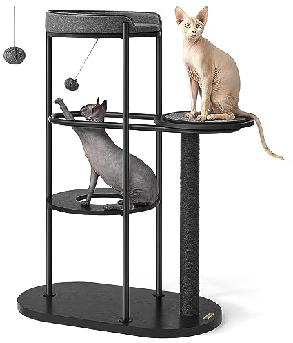 Feandrea Kratzbaum, modern, Katzenbaum, Metallrohre, mit Kissen und Plattform, Sisalstamm, Katzenspielball, 80 x 43 x 111 cm, für kleine, große, alte Katze, klassikschwarz PCT117B01