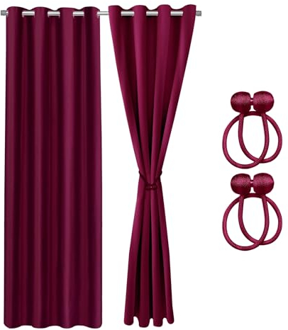 Cozyor 2X blickdichte Vorhänge + 2X Raffhalter mit Magnet, Thermogardine gegen Kälte 100% verdunkelnd, rot Berry, Gardine mit Ösen für Schlafzimmer, Wohnzimmer, Kinderzimmer 175x135 cm