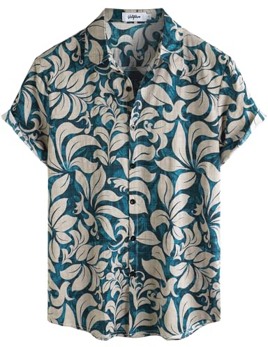 VATPAVE Mens Hawaiian Shirt Short Sleeve Button Down Shirts L BlueKhaki