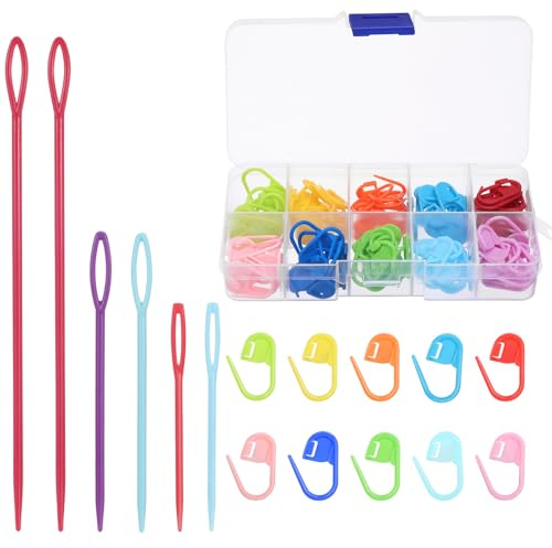 Coptiner Lot de 120 marqueurs de point de crochet en plastique avec boîte - Marqueurs de tricot multicolores avec 6 aiguilles à coudre émoussées à gros chas