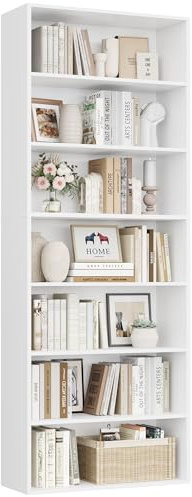 FirFurd Bookcase 7 Tiers Bookshelf 209.5cm Tall Living Room Bookcases Free Standing Display Shelf White Shelving Unit for Home Office 60x23.5x209.5cm