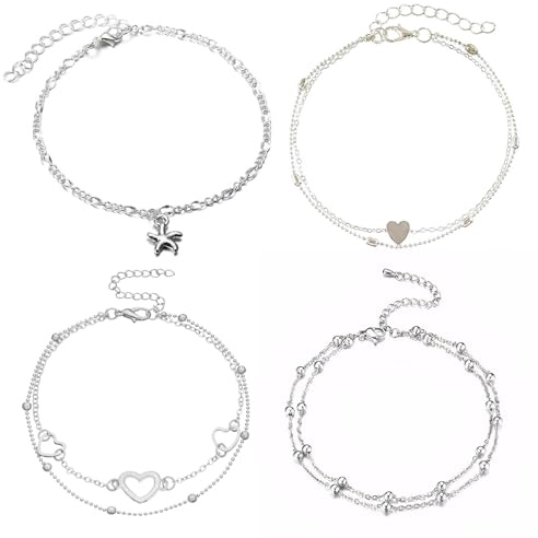 4 PCS Anklets for Women Ankle Bracelets Silver Heart Pendant Ankle Chain Stylish Women's Anklets Adjustable Double Layered Love Beads Foot Chain Ankle Bracelet Beach Anklet for Ladies Girls Beach