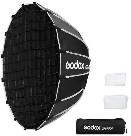 Godox QR-P70T 70 cm snabbfrigörande parabolisk softbox med vaxkake-rutnät, Bowens Mount Softbox med främre och inre diffusor för Godox SL60W SL60IID SL100D LA150R LA300Bi MS200-V MS300-V SK400II-V