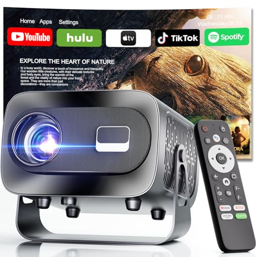[App Intégrée] Vidéoprojecteur 1080P 4K Supporte Mini Projecteur Home Cinéma Projecteur Video Supporté pour Correction Trapézoïdale Automatique, Android TV BT5.1 360° Rotation, TV Stick/avec HDMI,