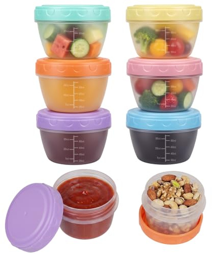 NUTKIT 6-pack små matbehållare med lock, 120 ml återanvändbara små såsgrytor, läckagesäker salladsdressing krukor behållare med graderad, stapelbar frys mellanmålslåda för vuxna och barn