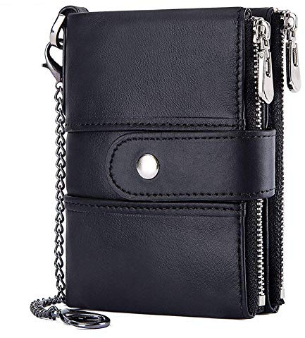 Cartera para Hombre de Piel Protección RFID, Cartera con Cadena, Doble Cremallera, Cartera de Piel para Hombre con Bolsillo para Monedas, 16 Ranuras para Tarjetas (Negro)