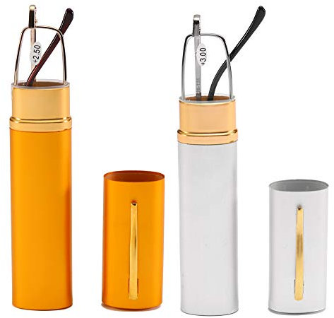 USOOLALA Unisex Compact Premium Reading Glasses Slim Reader w/Pen Clip Tube Case, GoldSilver, +2.5