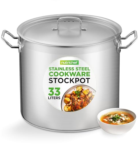 NutriChef Stainless Steel Stock Pot with Lid, 33.1L Big Stockpots for Stew, Soup, Pasta, Meat- Induction Ready, Large Cooking Pot with Ergonomic Handles