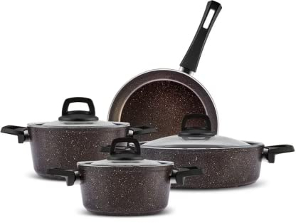 Karaca Black Gold Granite Pots and Pans Set Non Stick with Lids - Induction Kitchen Cooking Cookware Set - 7 Piece