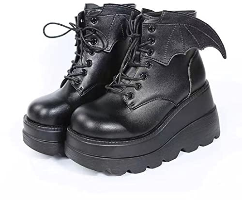 Ulalaza Dark Bat Wing Ankle Boots for Women Wedge Chunky with Sassy Platform Boot Round Toe Lace up Side Zipper High Heel Women Boot Stretch Fabric Soft Skin-Friendly and fit Around the Ankle