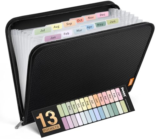 Sooez 13 Pocket Accordion File Organizer, Zipper Expanding File Folder Organizer, Reinforced Plastic Accordion Folder, A4 Letter Size, Portable Folders for Documents, Black