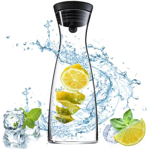 Qintora Carafe en Verre de 1.2 Litre Pichet en Verre, Carafe Eau pour Boissons Chaudes et Froides avec acier inoxydable couvercle pour l'eau,lait,jus,thé glacé,le vin,limonade et mousseux Boissons