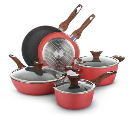 KASANOVA 8 st Golden 5 köksredskap, induktionskokkärl och stekpannor set och alla hällar, non-stick köksredskap set med korallbeläggning
