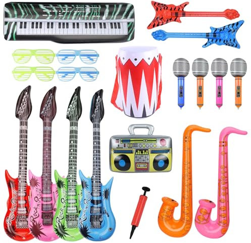 UBETTER Aufblasbare Rock Star Toys Set, 20 Pcs Aufblasbare Instrumente, Dekoration Karneval Party luftgitarren zum Aufblasen, Bass, Saxophon, Mikrofone, Keyboards, Drum & Party Brille für Kinder