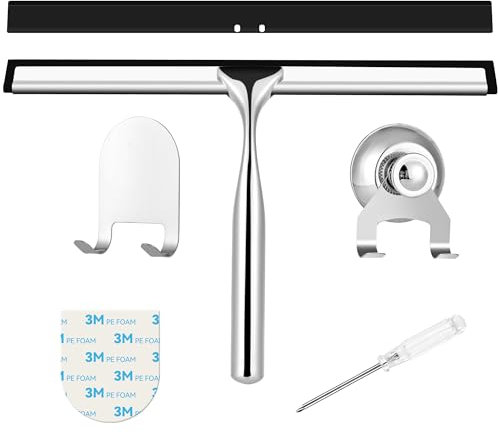 Duschabzieher Edelstahl 25 cm - mit Ersatzgummiabzieher,Abzieher Dusche mit Halterung, Fensterabzieher für Badezimmer, Spiegel und Fliesen, Streifenfreie Reinigung für Glasflächen