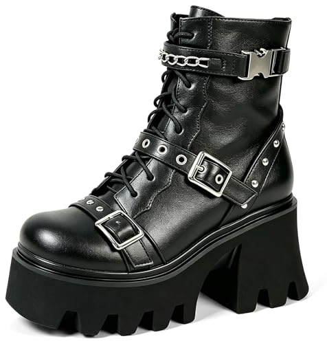 MEOTINA Goth Platform Boots Lace Buckle Gothic Cosplay Booties Chunky High Heels Ankle Boots Zipper Punk Shoes, Goth Black, 5 UK