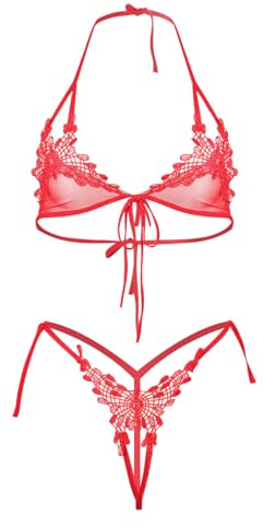 VicSec Women Sexy See Through Lingerie Set Two Piece Floral Embroidery Mesh Bra and Panty Self Tie Strappy Babydoll Halter Top Criss Cross Tiny String Underwear for Beach Party Club (Red, One Size)