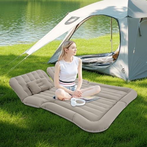 Naxidf Matelas de voiture gris - 2 coussins - Matelas gonflable - Double face - Flocage épais - Matelas de camping - Lit de voiture gonflable pour coffre de voiture - 175 x 130 cm
